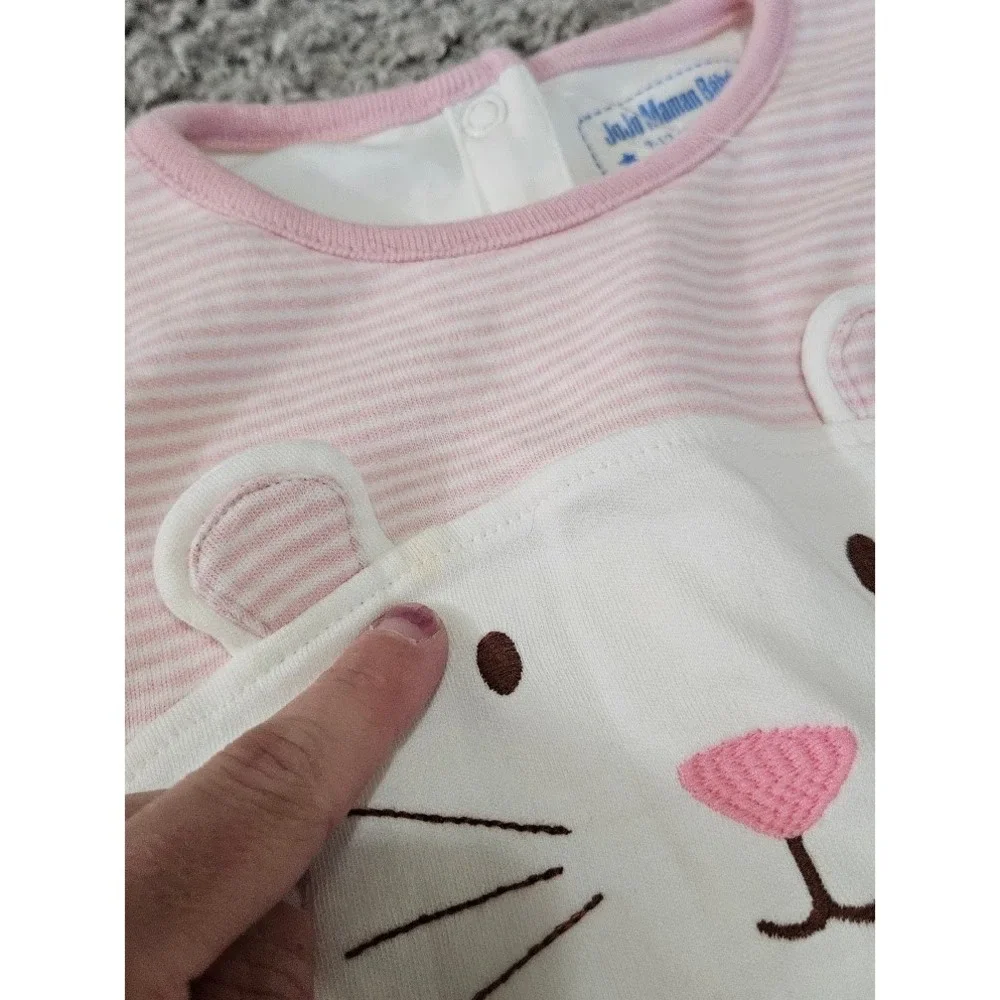 JoJo Maman Bebe Pink White Striped Mouse Footed Sleeper Pajamas 9-12 Months